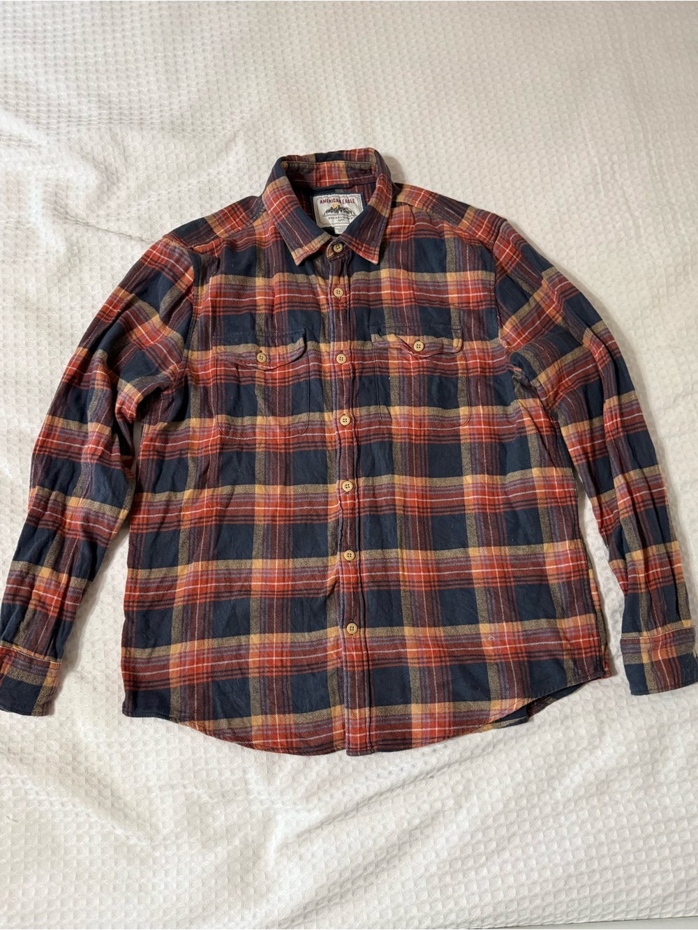American Eagle Outfitters Navy and Rust Plaid Button-Up Flannel Shirt